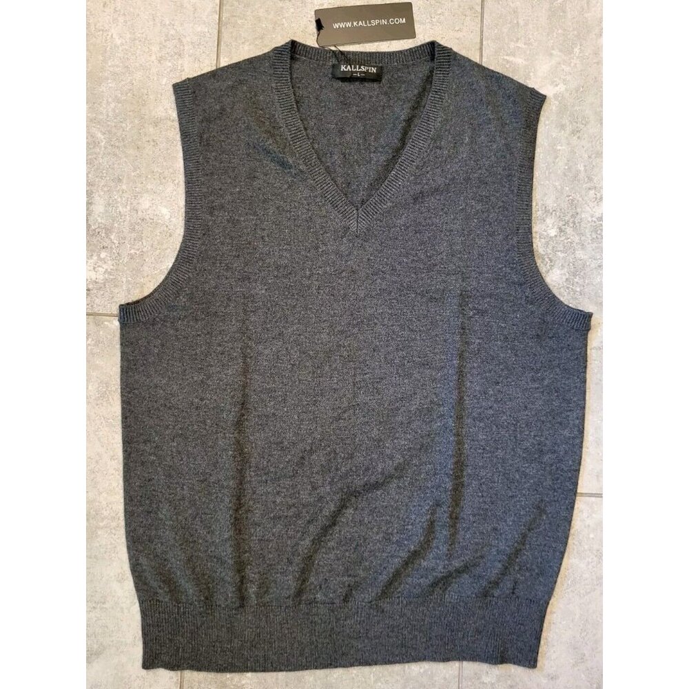 New Kallspin Wool Blend Gray V Neck Sweater Vest Sz L Grandpa